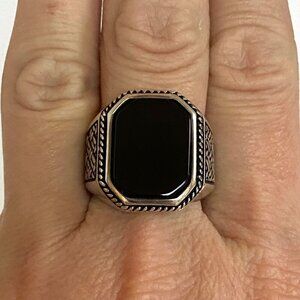 Sterling Silver 925 BS Black Onyx Signet Style Basketweave Unisex Band Ring Sz 9